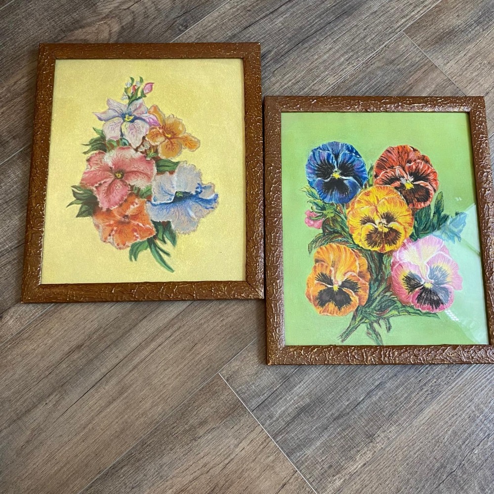 Vintage Framed Floral Chalk Pastel Art Set 2 Pansies Petunias Mid Century